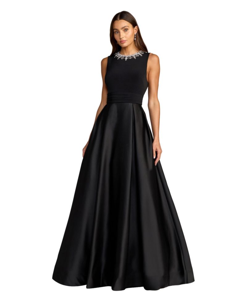 Petite Pearl-Embellished High-Neck Sleeveless A-Line Evening Gown