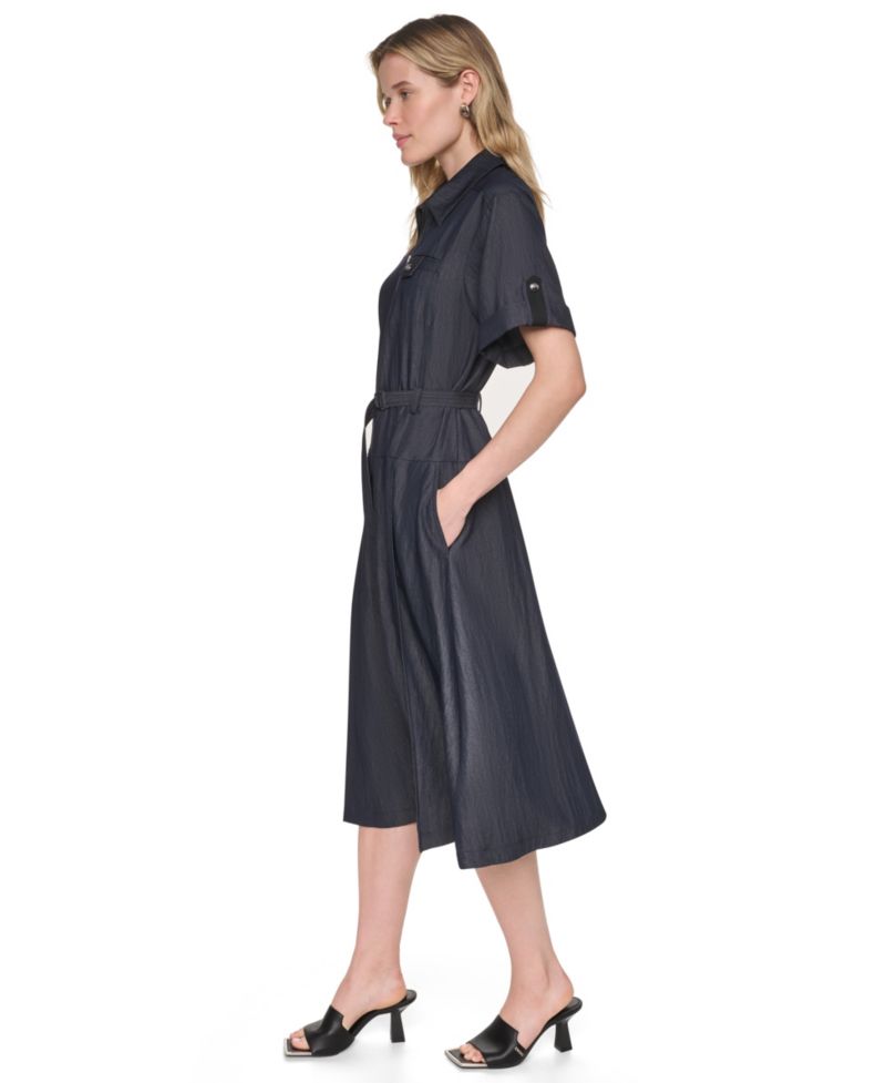 Women's Collared Short-Sleeve Removable Belt Midi Dress