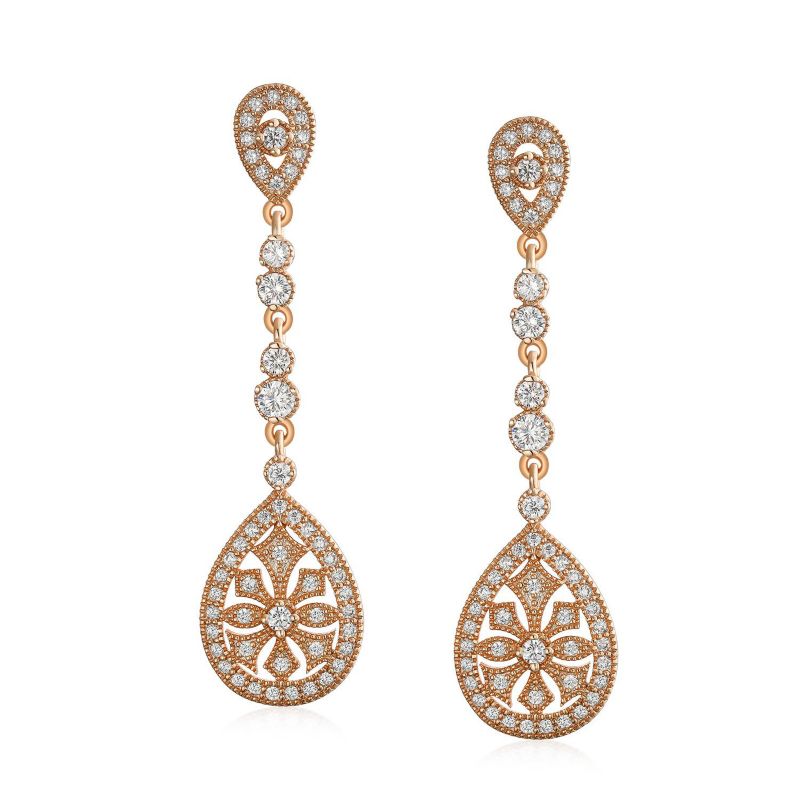 Art Deco Teardrop Rose Gold CZ Chandelier Clip On Earrings Gold Plated