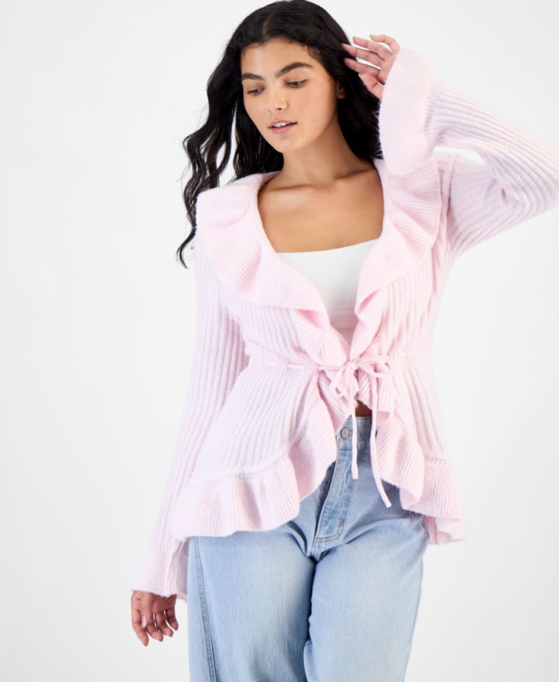 Juniors' Tie Front Ruffle Cardigan
