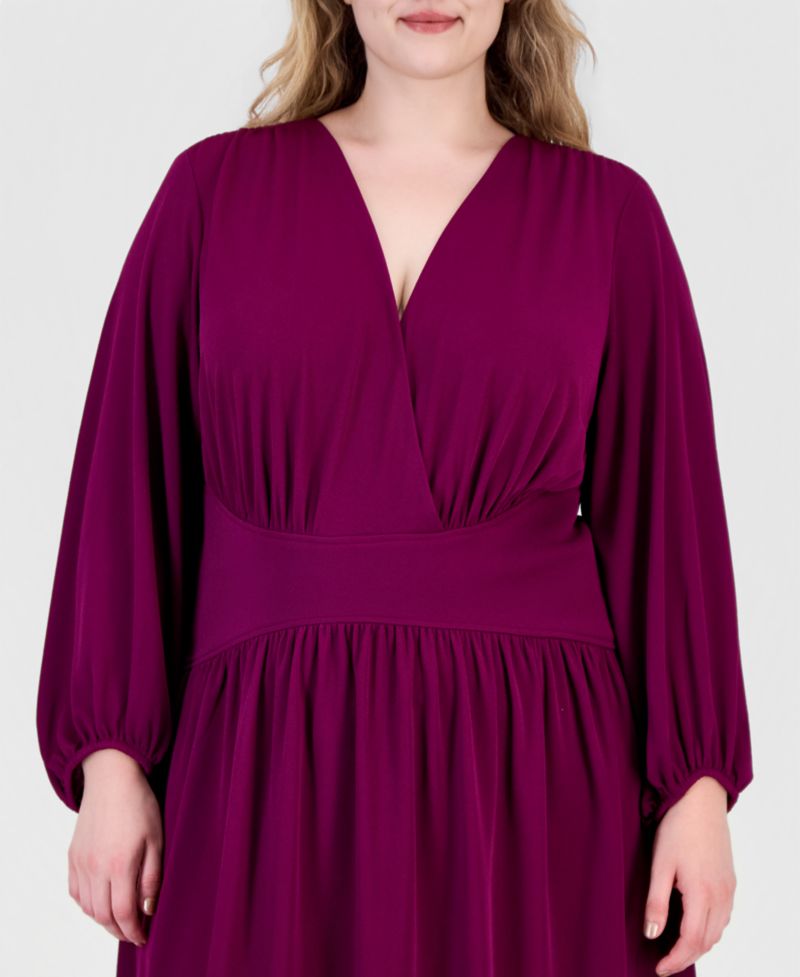 Plus Size Cross Long-Sleeve Fit & Flare Midi Dress