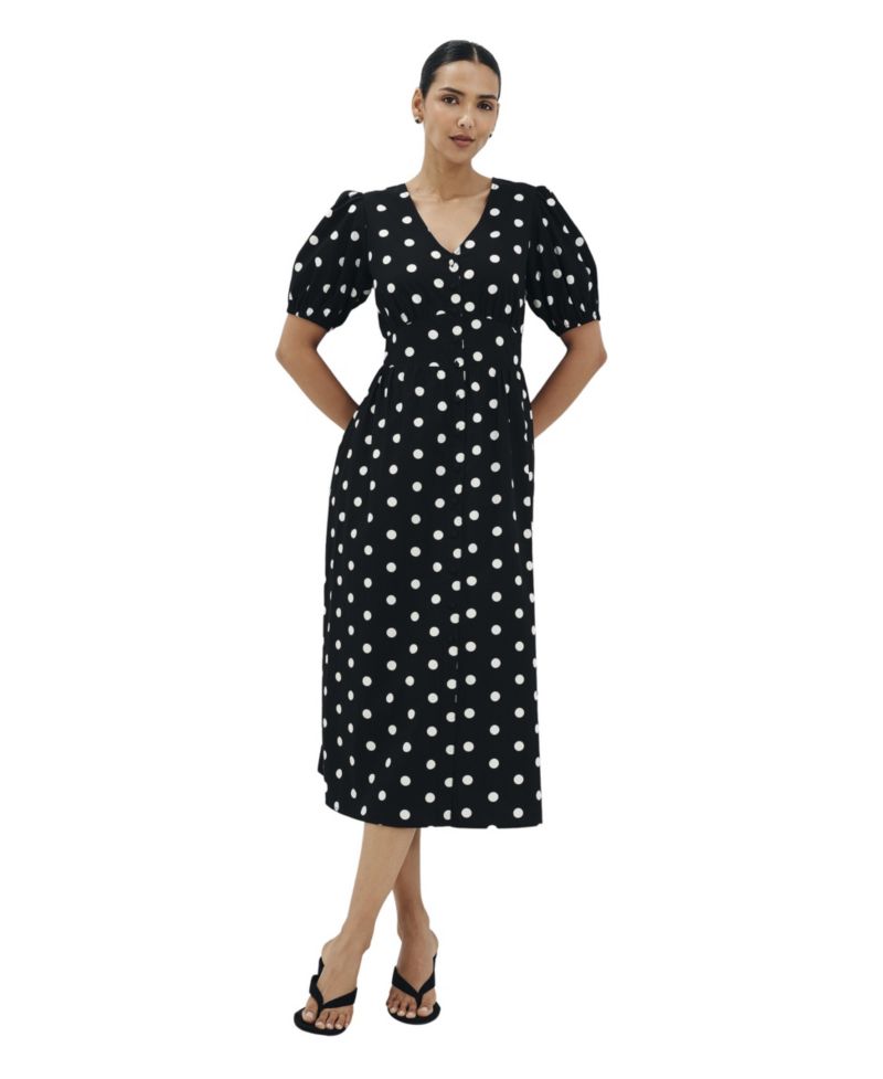 Women's Addison Polka-Dot V-Neck Short Puff-Sleeve Midi Dress