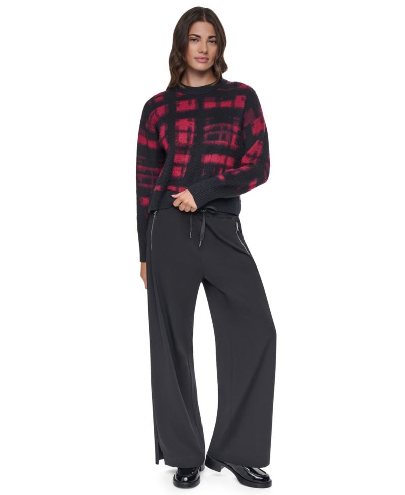 Women's Brushed-Plaid Long-Sleeve Crewneck Pullover Sweater