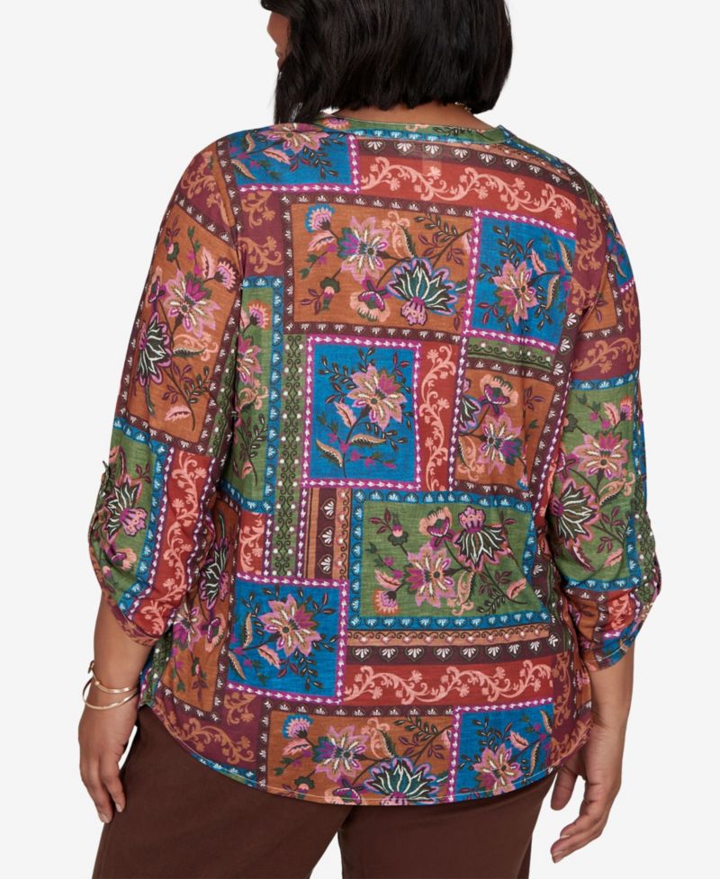 Plus Size Tapestry Floral 3/4-Sleeve Blouse