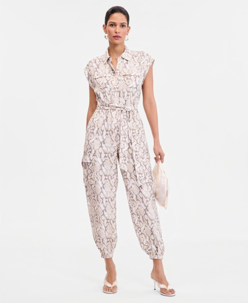 Women's Short-Sleeve Snake Print Belted Jumpsuit