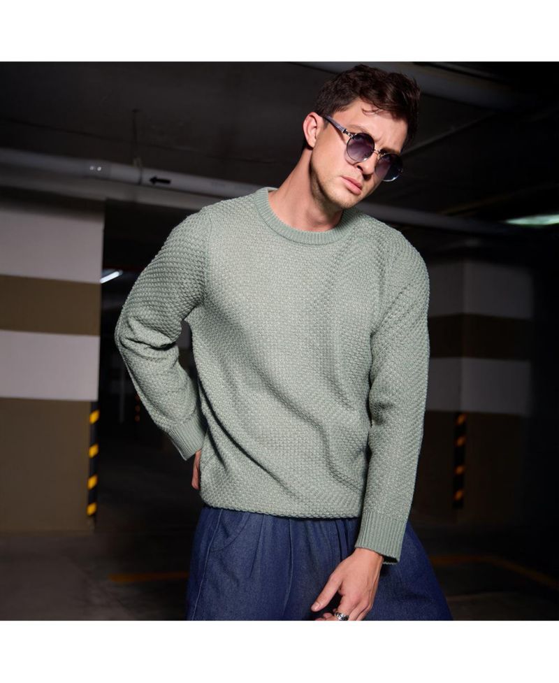Men's Sage Green Textured Knit Pullover Sweater