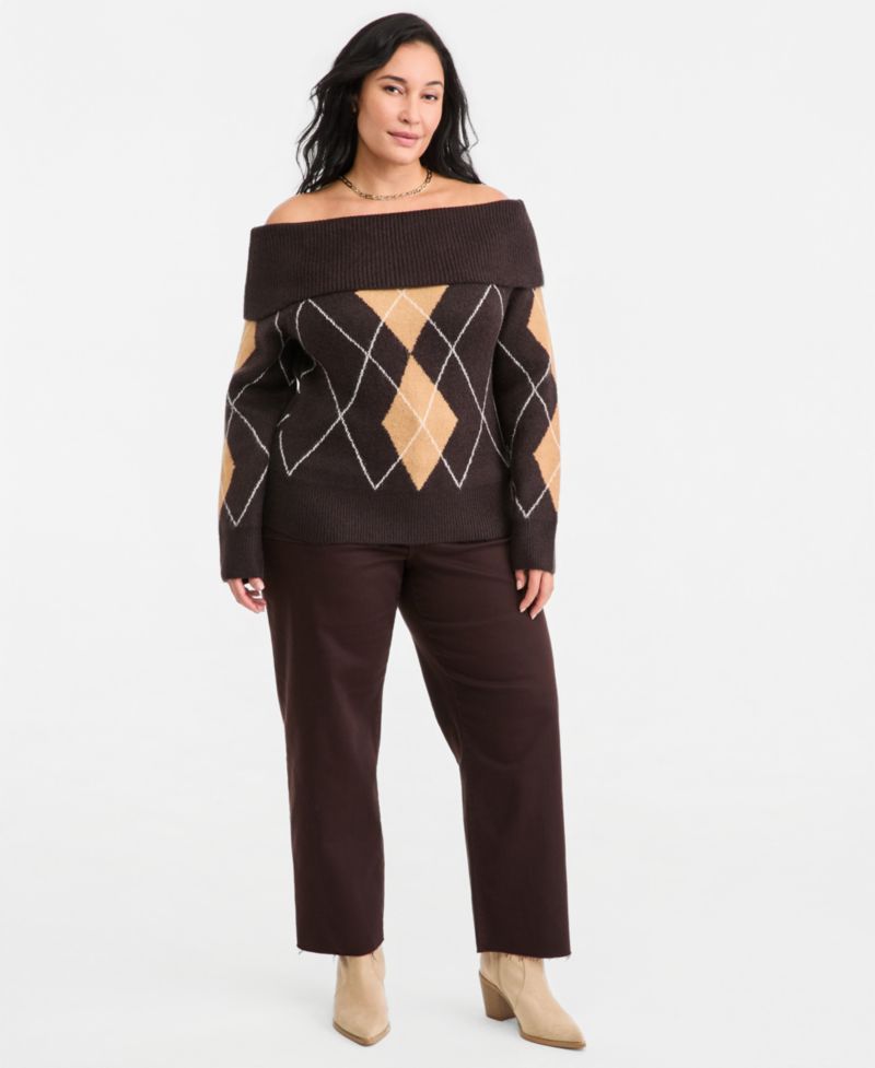 Plus Size Off-the-Shoulder Argyle Sweater