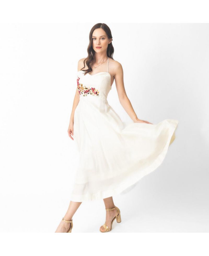 Women's Fit and Flare Midi Dress with Hand emboidered torso