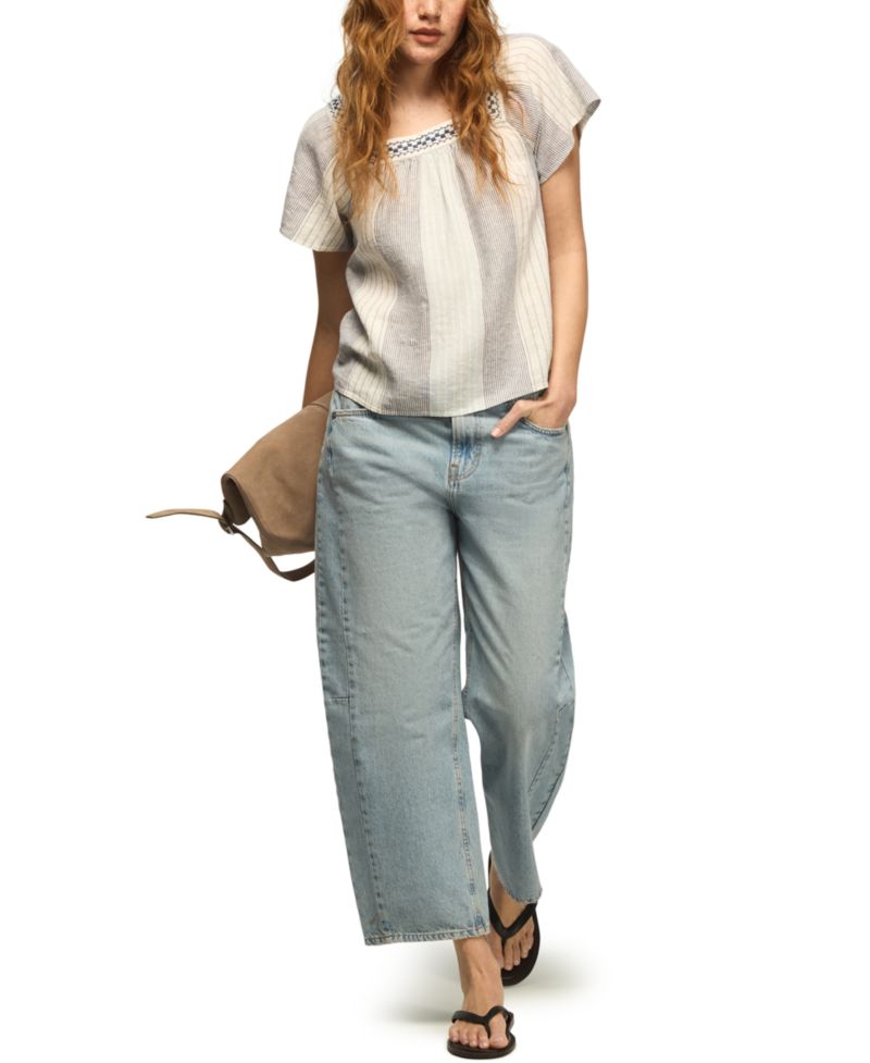 Women's Striped Square Neck Embroidered Top