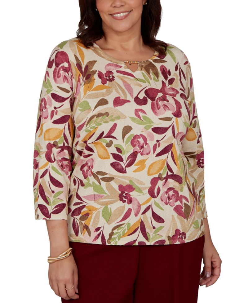 Plus Size Union Square Floral-Print 3/4-Sleeve Shimmer Sweater