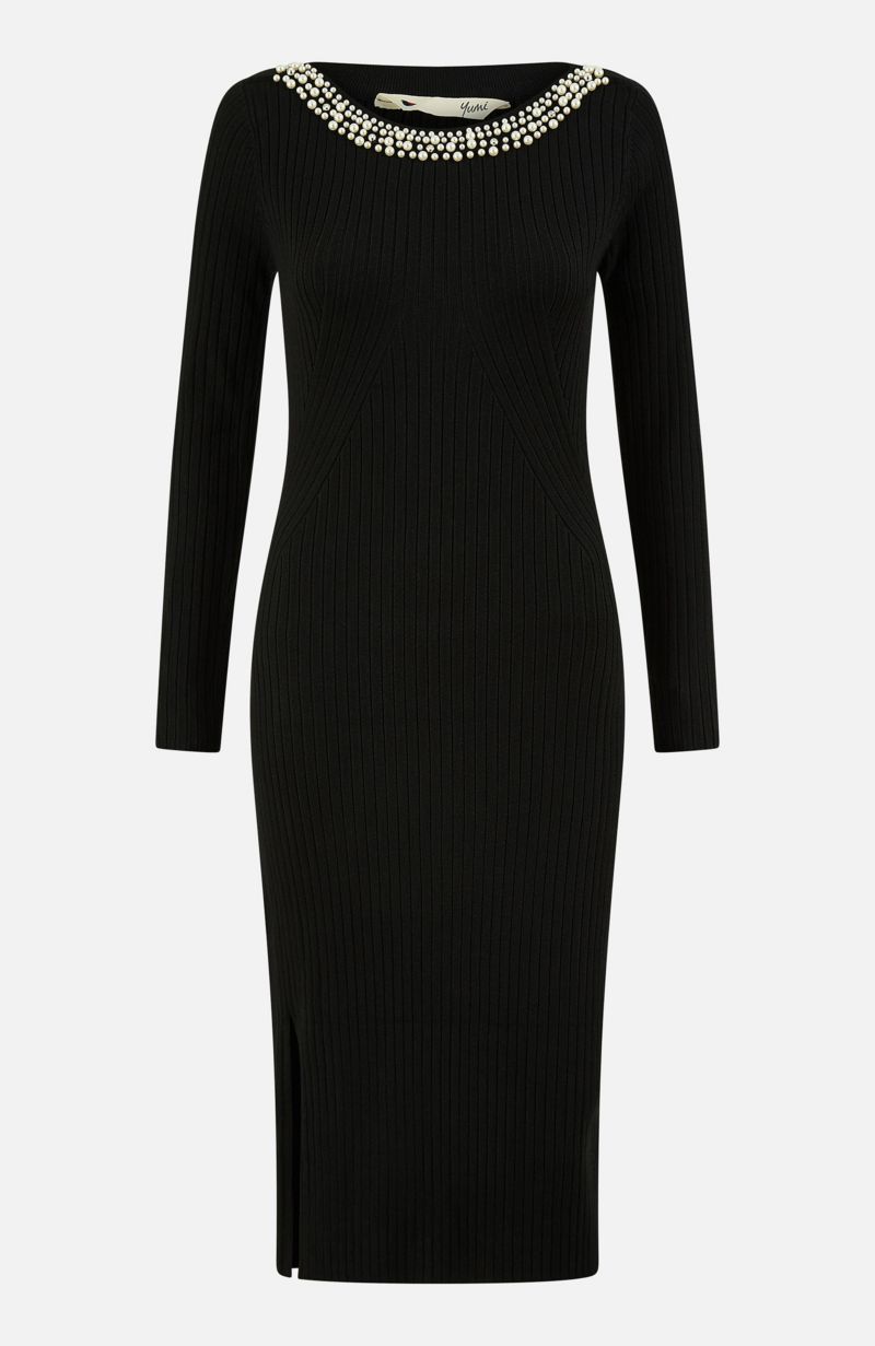 Women's Bedazzled Neck Fitted Midi Knitted Dress