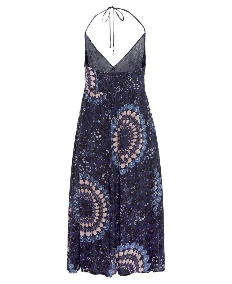 Women's Viscose Printed Halter Smocked Halter-Neck Midi Dress