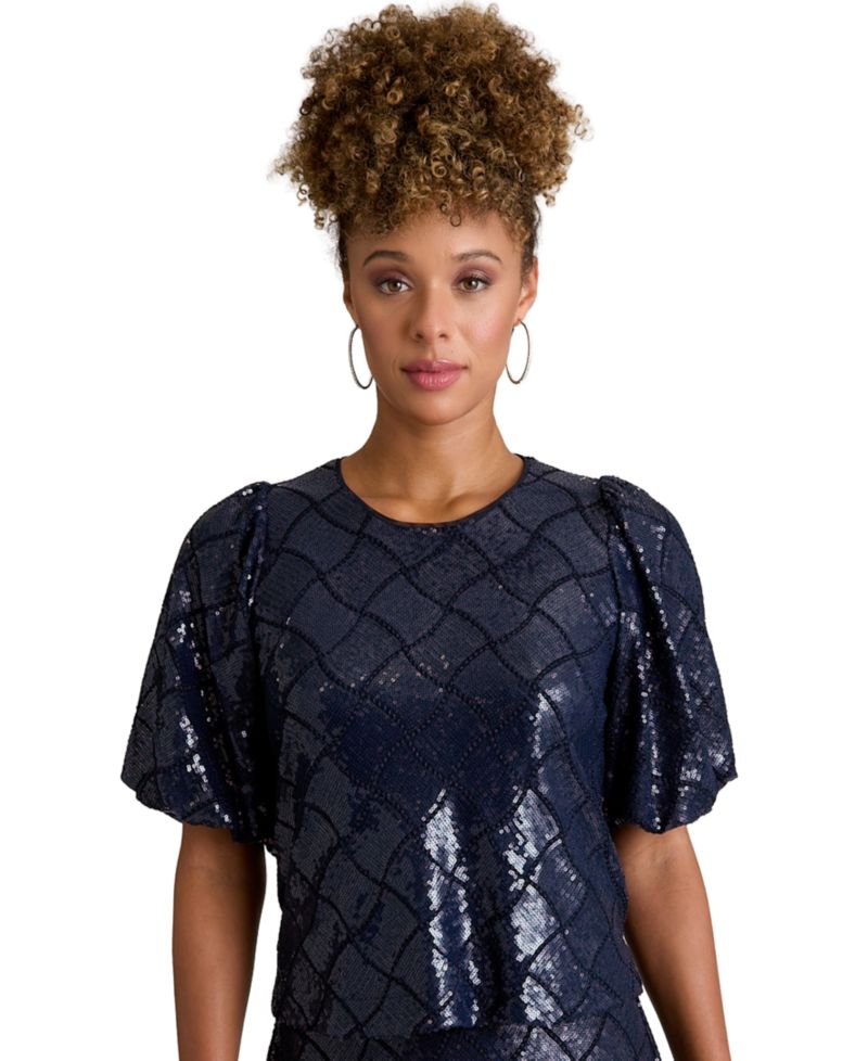 Women's Jewel Neck Bubble-Sleeve Top