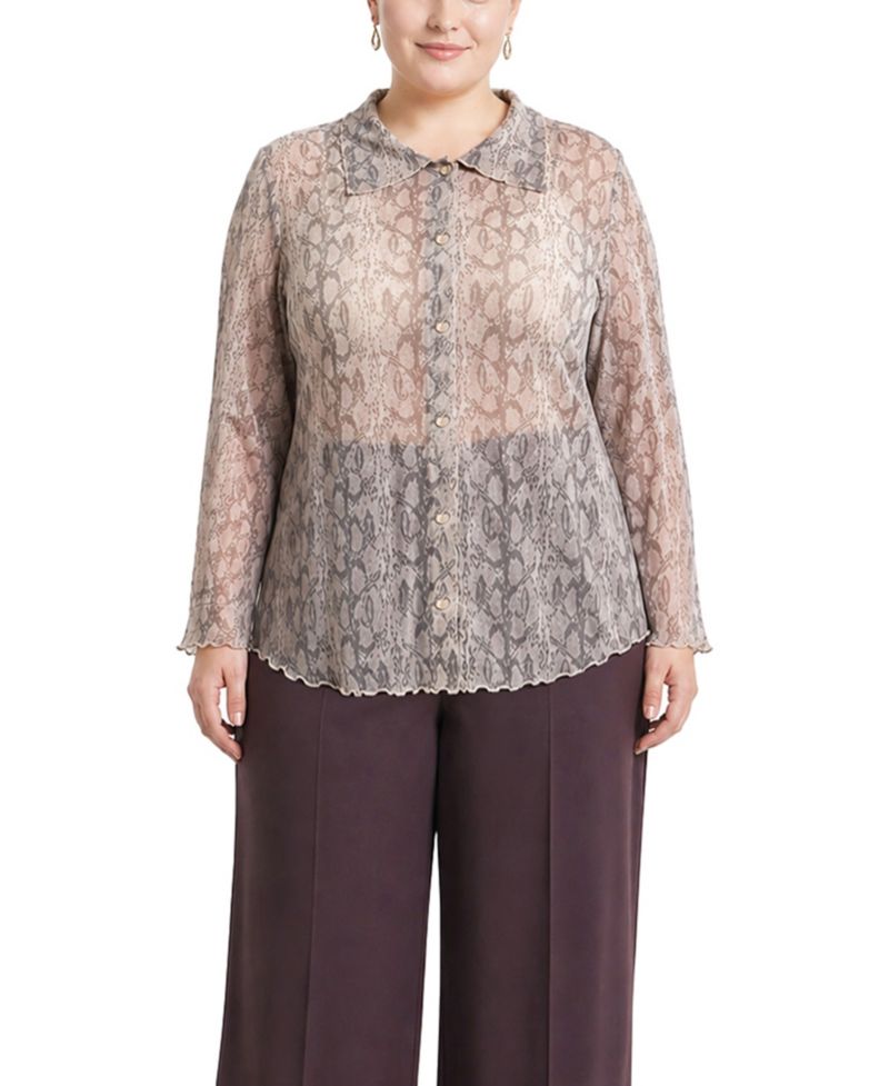 Plus Size Python Mesh Button-Front Shirt