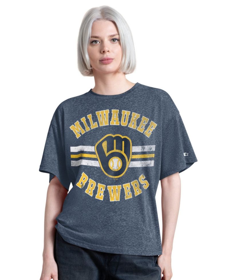 Women's Navy Milwaukee Brewers Jump Shot Boyfriend Tri-Blend T-Shirt