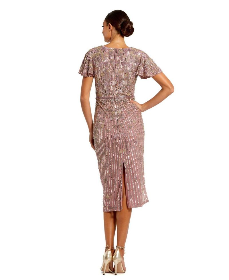 Women's Embellished Faux Wrap Flutter Sleeve Dress