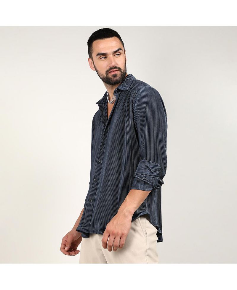 Men's Navy Blue Pleat-Creased Shirt