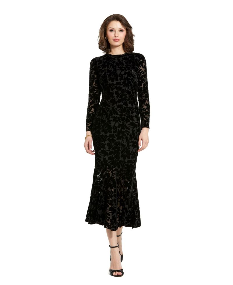 Women's Burnout Velvet Long Sleeve Ruffle Hem Midi Dress