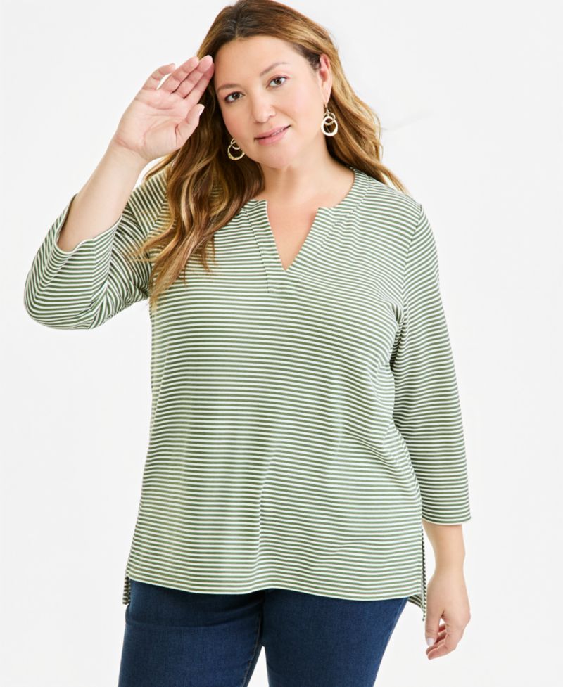 Plus Size Striped 3/4-Sleeve Split-Neck Tunic