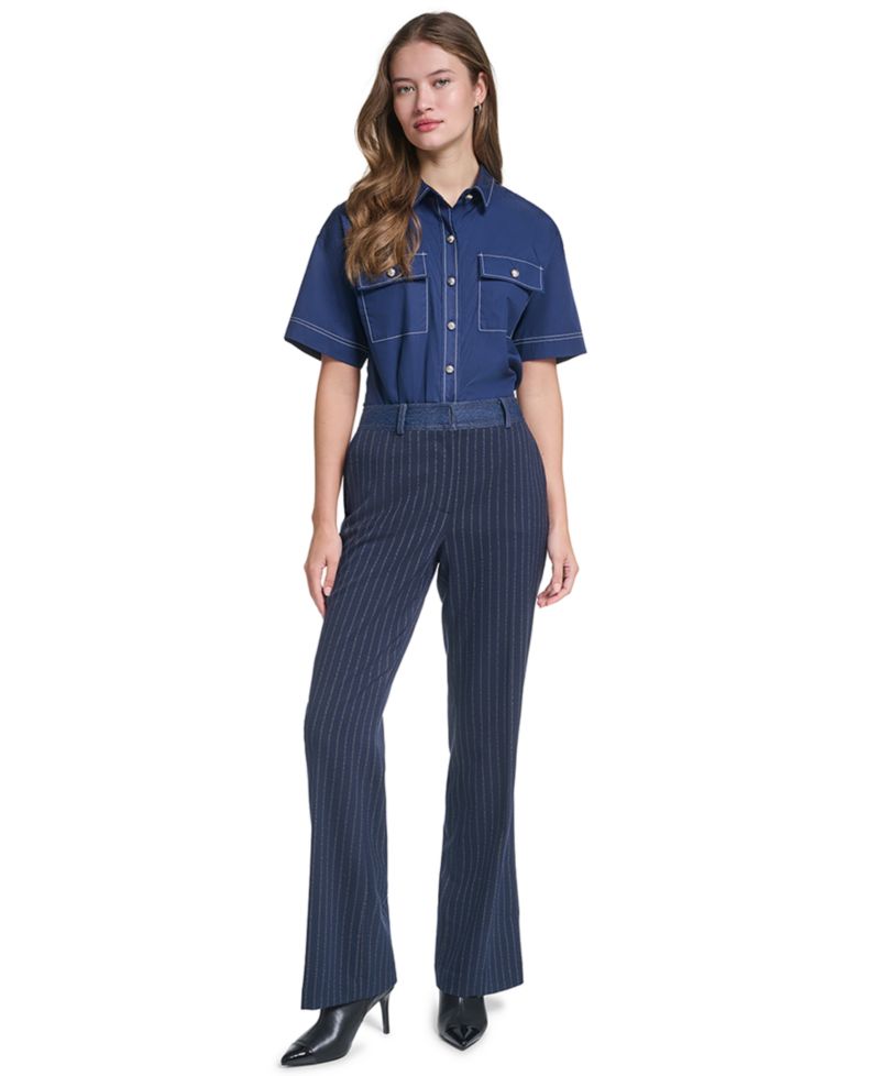 Petite Striped Straight-Leg Denim Waistband Pants