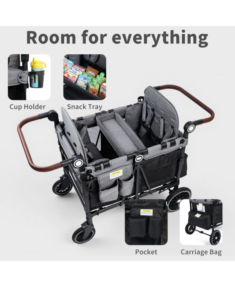 All-Terrain 4-Seat Stroller Wagon with Canopy, Shock-Absorbing Wheels, Snack Tray, Storage Bag & Adjustable Handle