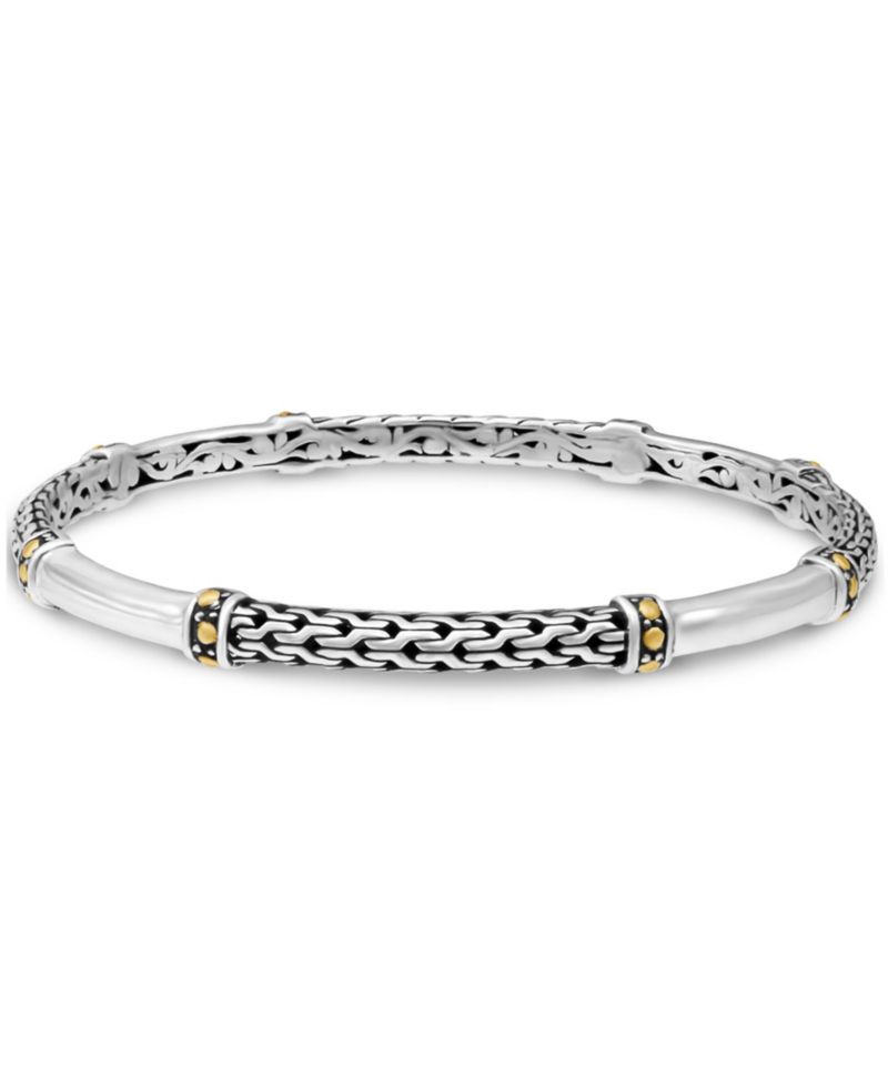 Dragon Bone Slide-on Bangle Bracelet in Sterling Silver and 18K Gold Accents