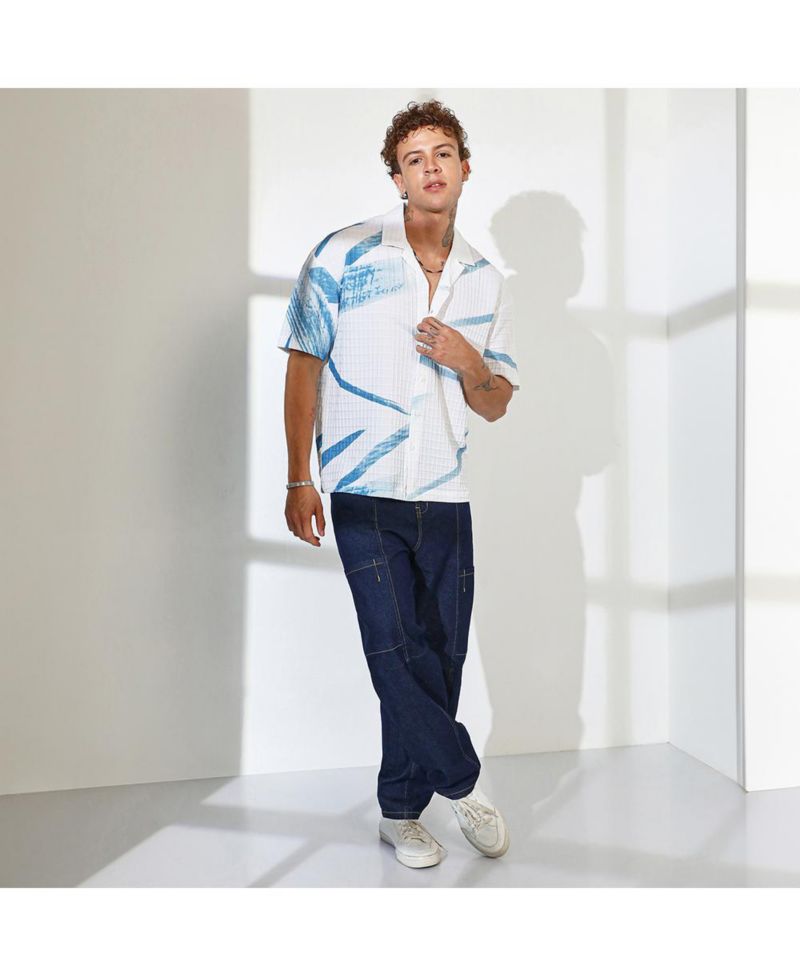Men's Sky Blue & Chalk White Stroked Waffle Oversized Shirt