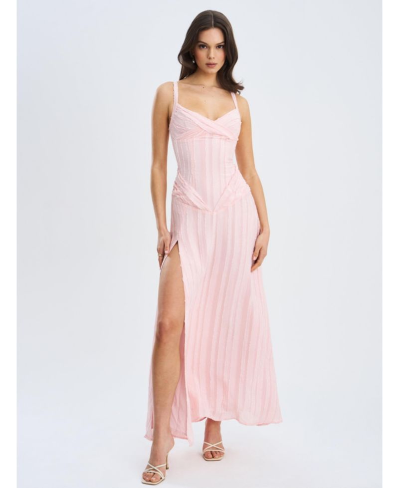 Women's Mallory Baby Pink Stripe Jacquard High Slit Gown
