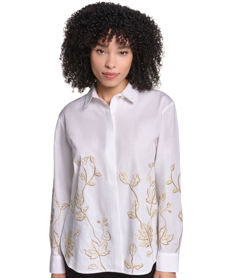 Petite Floral Embroidered Long-Sleeve Blouse