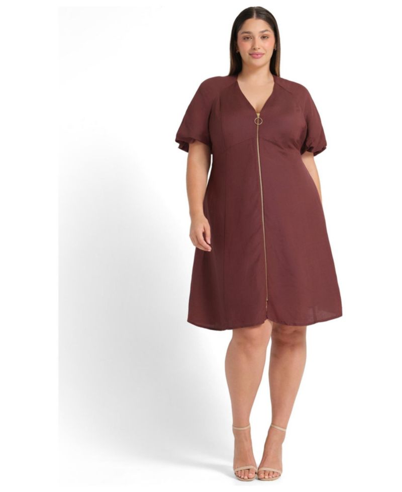 Women's Heather Linen Zip-Front Fit Flare Mini Dress