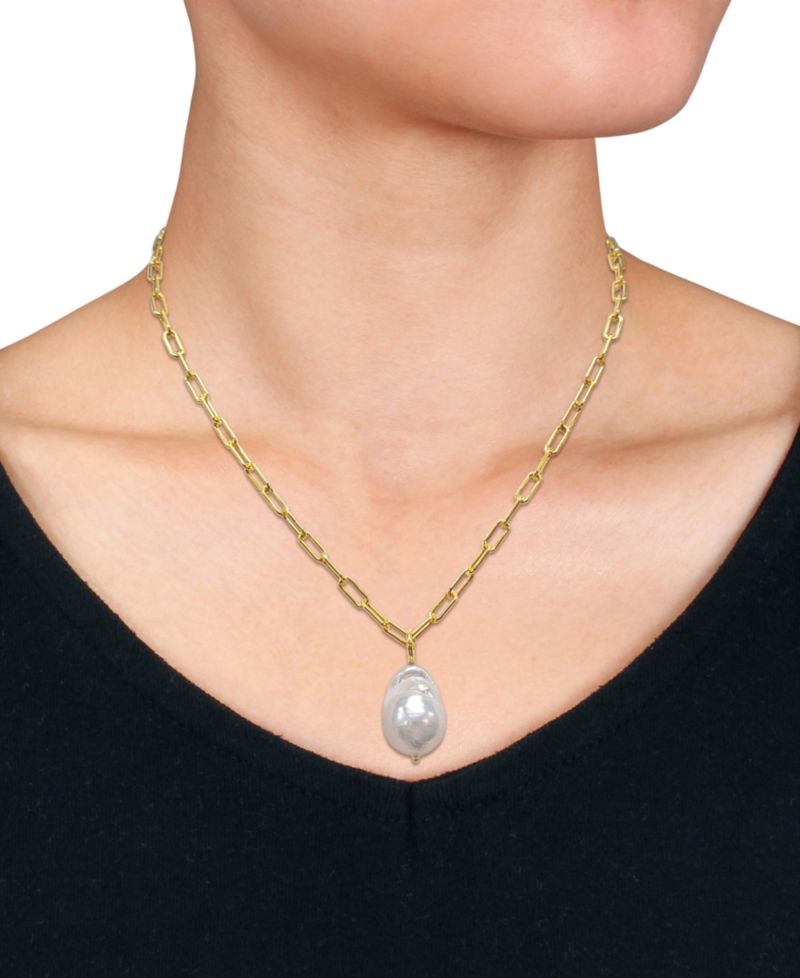 Cultured Freshwater Baroque Pearl (13-14mm) Solitaire 18" Pendant Necklace in 18k Gold-Plated Sterling Silver