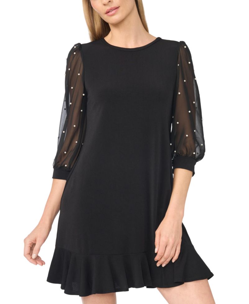 Women's Imitation Pearl Sleeve Mix Media Sheer Ruffled-Hem Dress