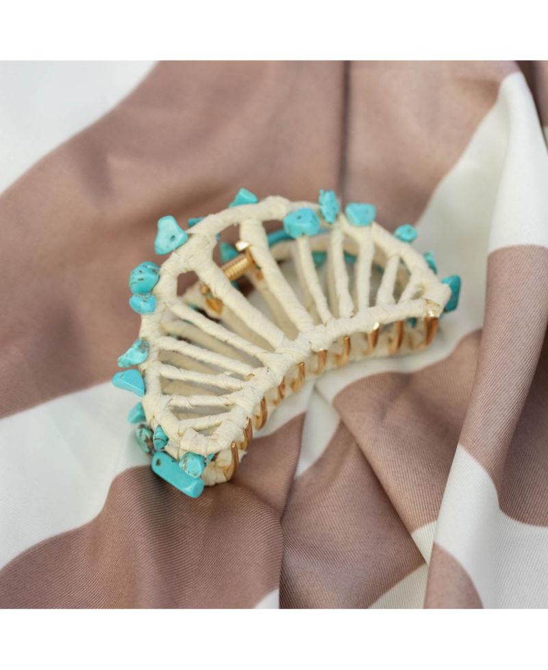 Women's Raffia Seashell Hair Claw Clip - Teal