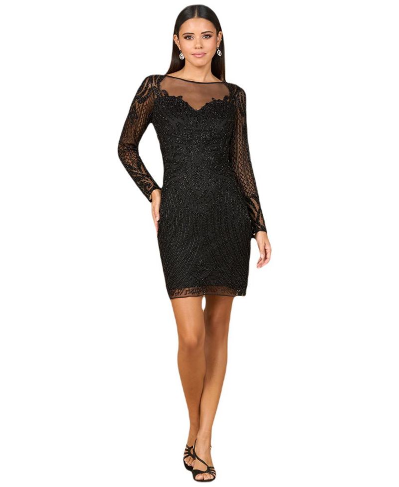 Women's Long Sleeve Cocktail Dress with Illusion Neckline