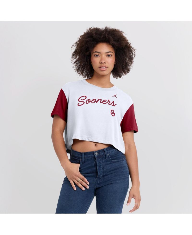 Women's White/Crimson Oklahoma Sooners Color-Block Script Dri-FIT Cropped T-Shirt