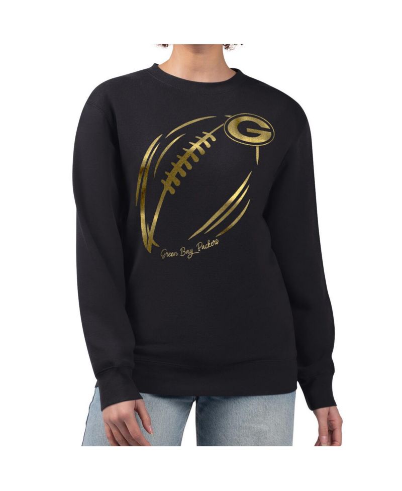 Women's Black/Gold Green Bay Packers Metallic Print Football Sketch Fleece Crewneck Sweatshirt