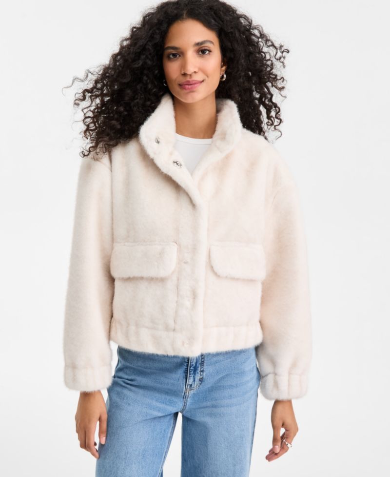 Women's Woven Solid Faux-Fur Bomber Jacket