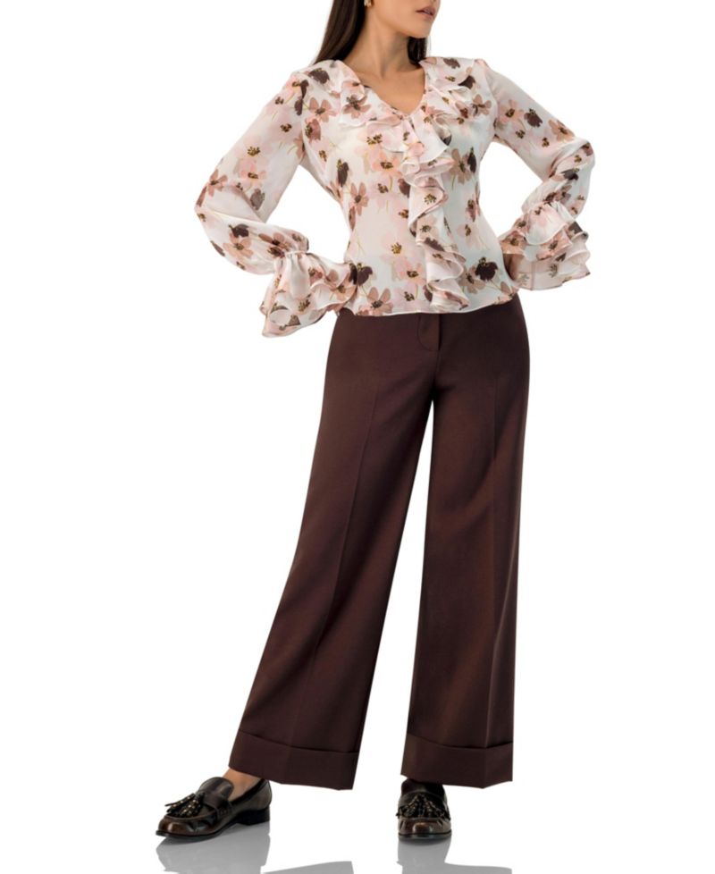 Women's Floral V-Neck Blouse with Ruffle Detail