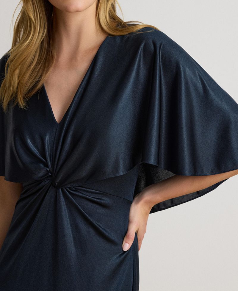Women's Metallic Jersey Twist-Front Cape Gown