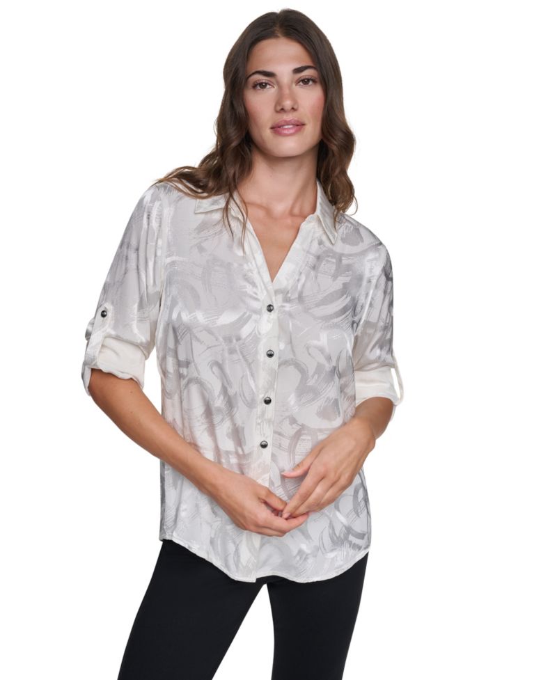 Women's Roll-Tab Jacquard Blouse