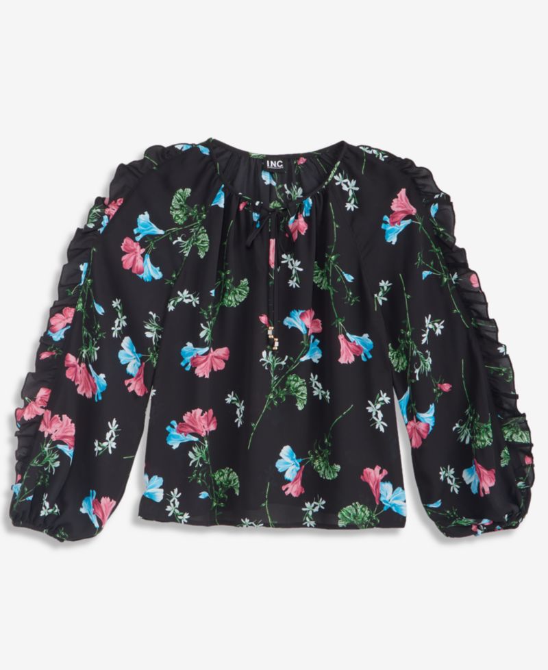 Women's Petite Ruffle Floral-Print Long-Sleeve Blouse