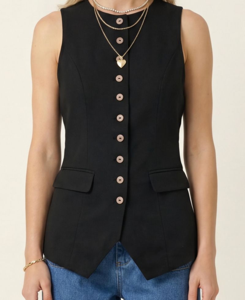 Women's Longline Button Front Flap Pocket Vest