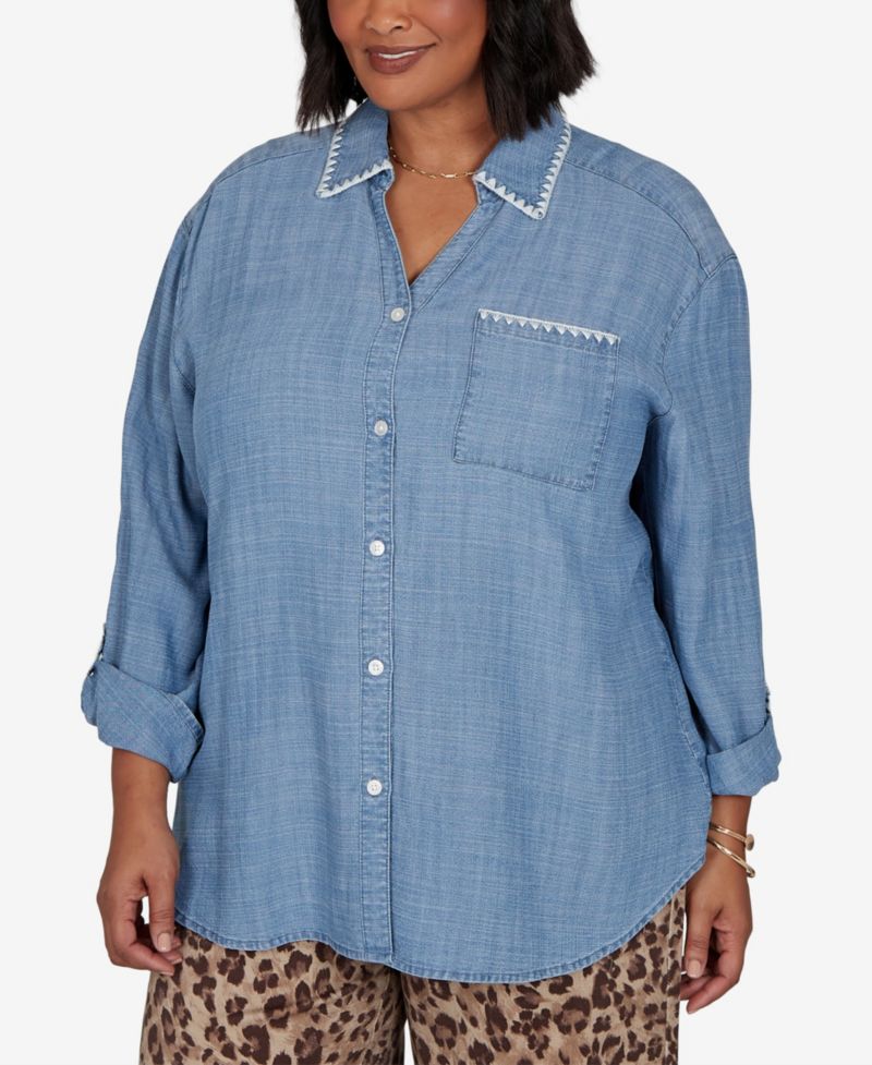 Plus Size Crochet Trim Soft Button-Front Top