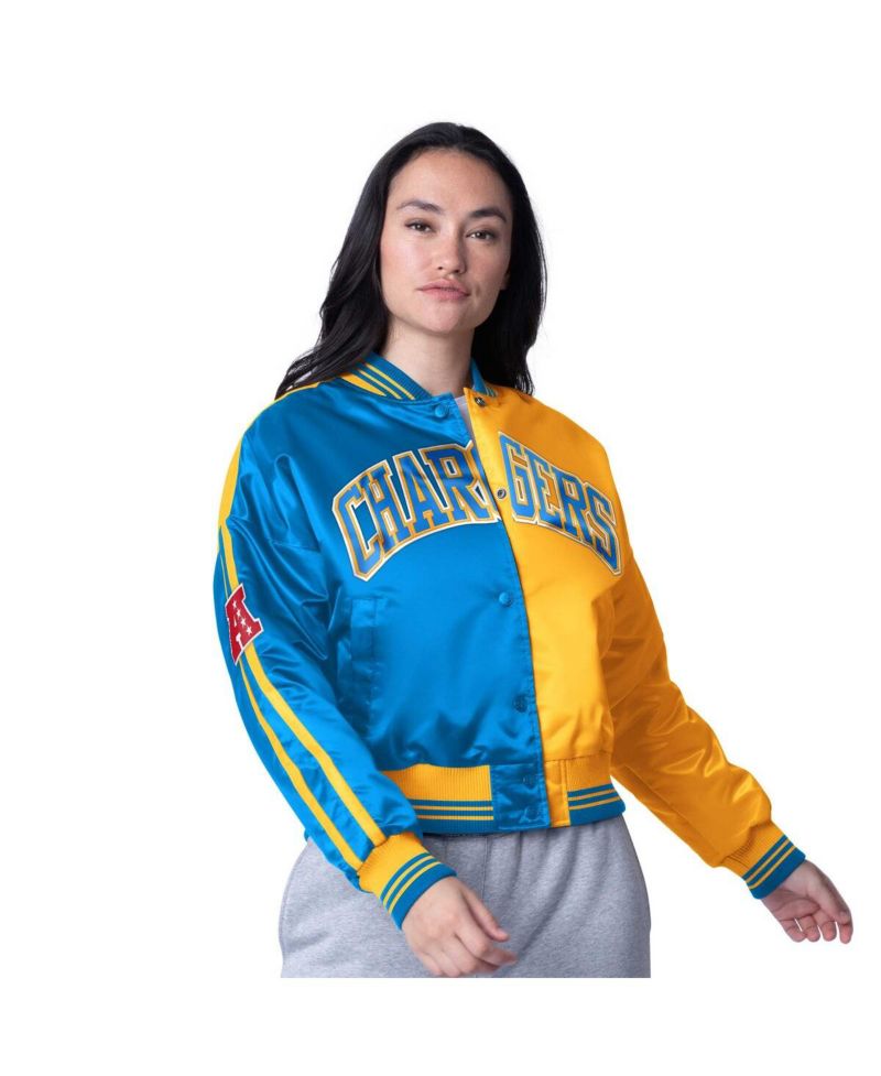 Women's Powder Blue/Gold Los Angeles Chargers Zone Blitz Cropped Full-Snap Satin Jacket