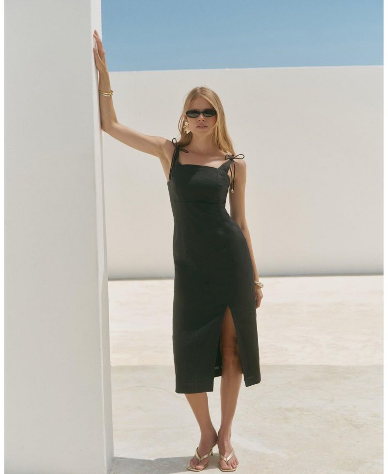 Women's Linen Square-Neck Bow-Detail Midi Dress