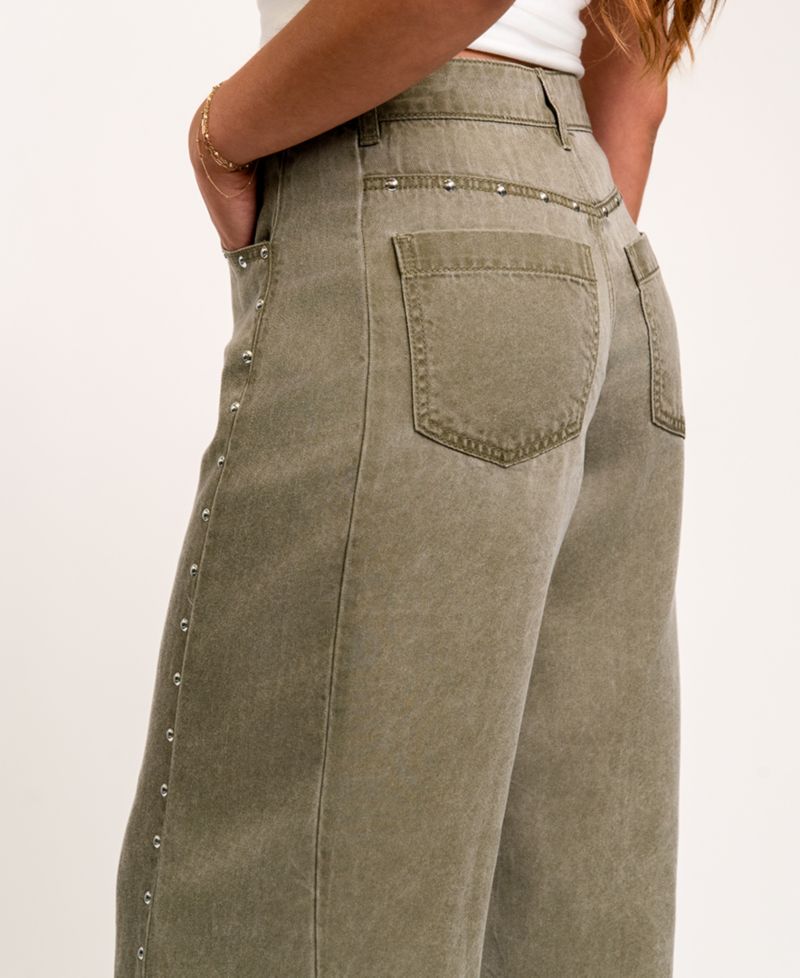Juniors' High-Waisted Wide-Leg Studded Jeans