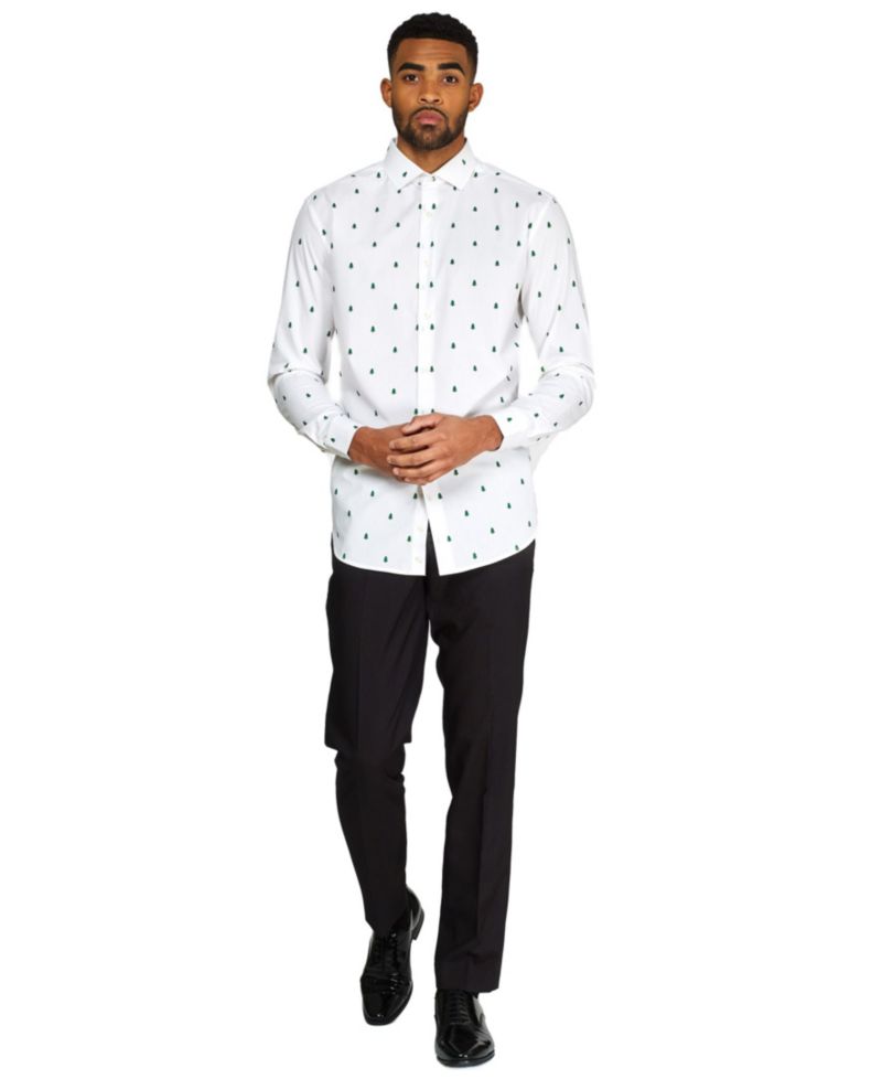 Men's Christmas Shirt - Festive Pine Tree Icons Button Up Dress Shirt - Slim Fit - White - Long sleeve