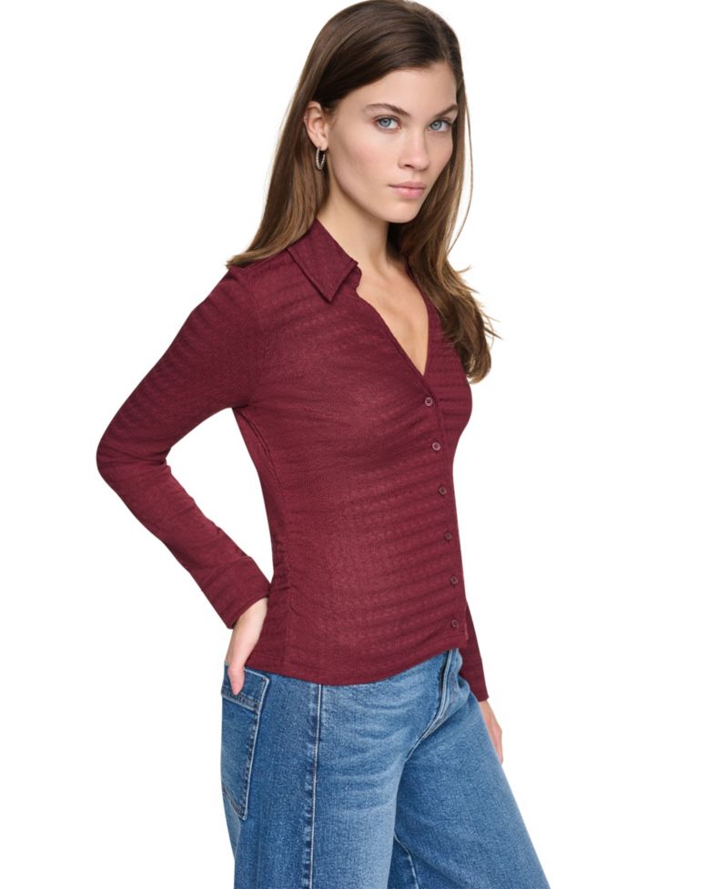 Petite Textured Knit Button Front Top