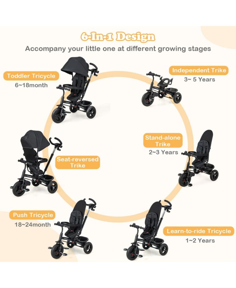 4-in-1 Baby Tricycle Toddler Trike with Reversible Seat Canopy and Push Handle