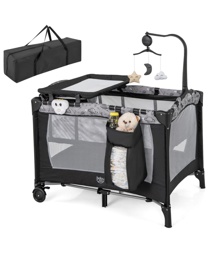 Portable Baby Playard Nursery Center Crib Bassinet w/ Hanging Toys and Music Box